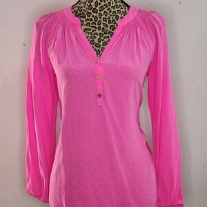 Lilly Pulitzer Bright Pink Smocked-Yoke Henley Blouse